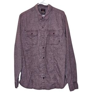 Prana Mens Button Up Long Sleeve Casual Shirt Large Burgundy Twill‎ Pockets Gorp